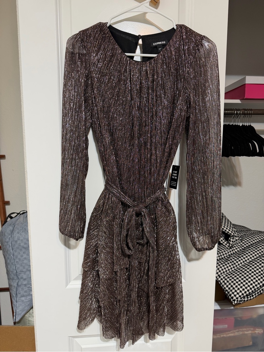 Express Metallic Taupe Long-Sleeve Tie-Waist Dress
